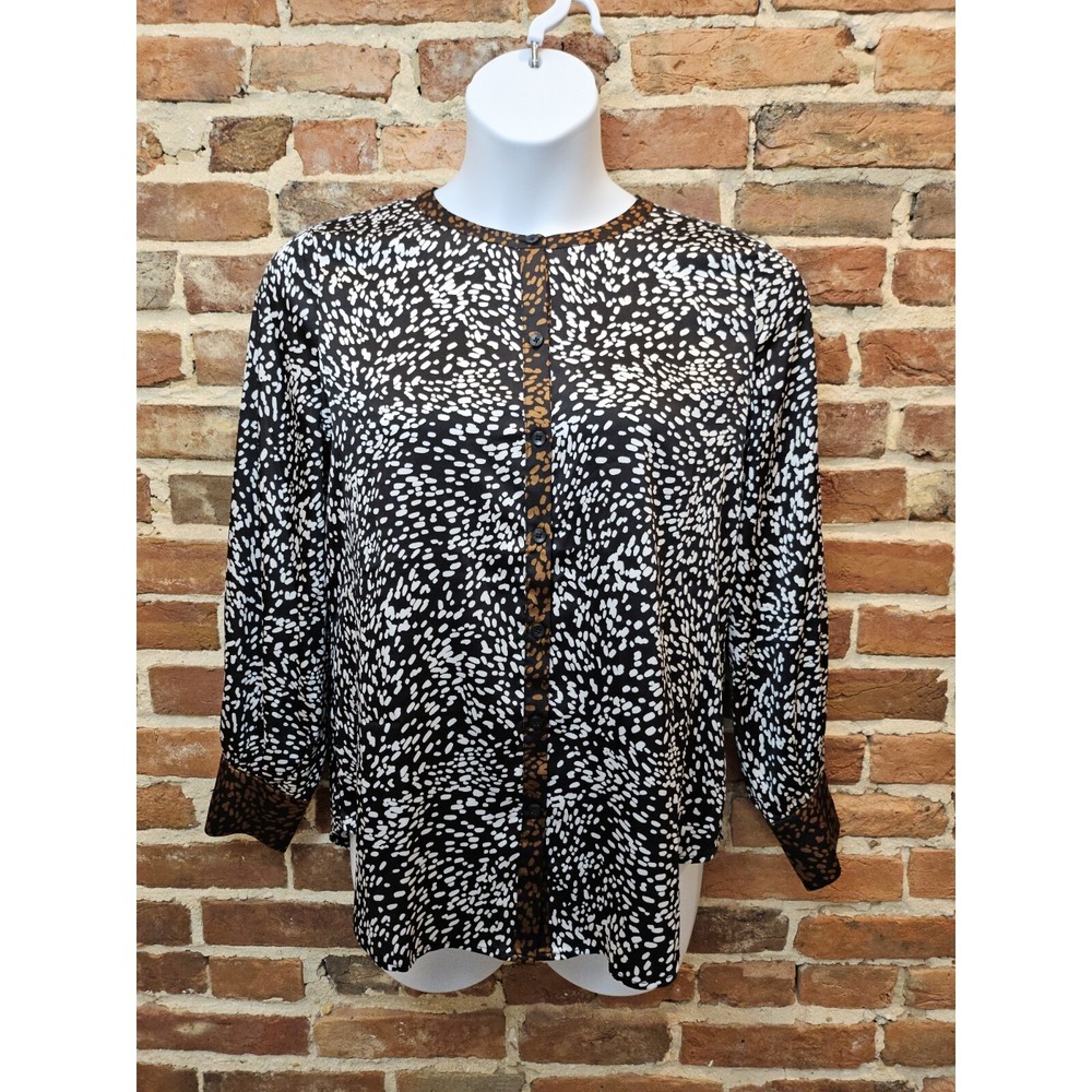 Chico's Blouse Splash Print Two Tone Print Trim Long Sleeve Button Down Size 1
